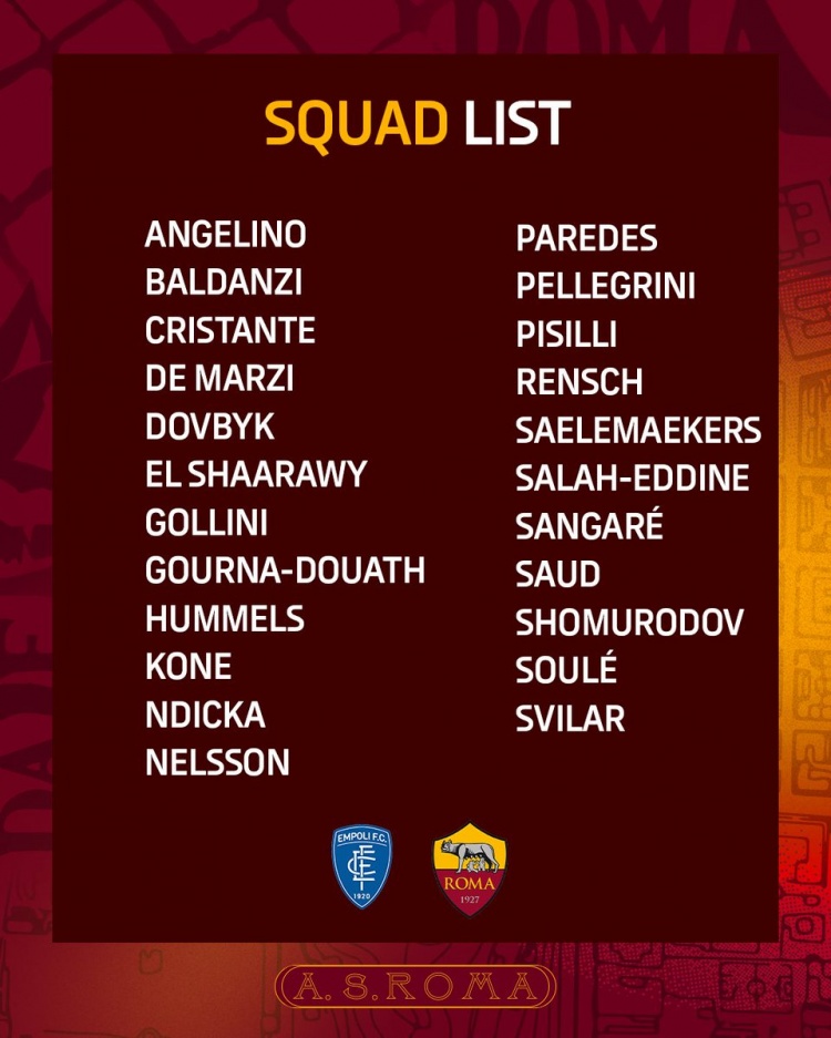 羅馬客戰恩波利名單:帕雷德斯回歸,迪巴拉缺席