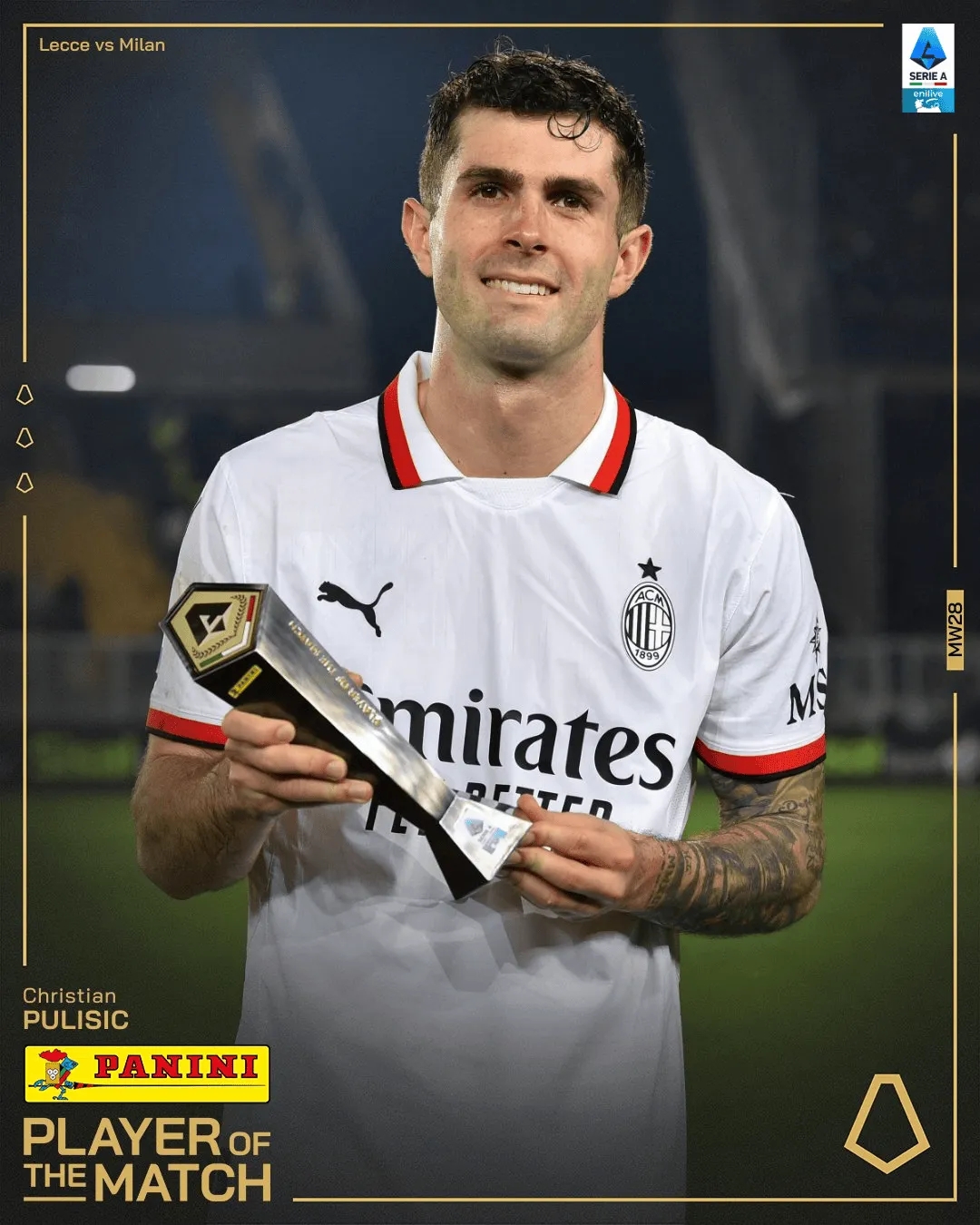 美國隊長!官方:普利西奇當選AC米蘭vs萊切全場最佳球員