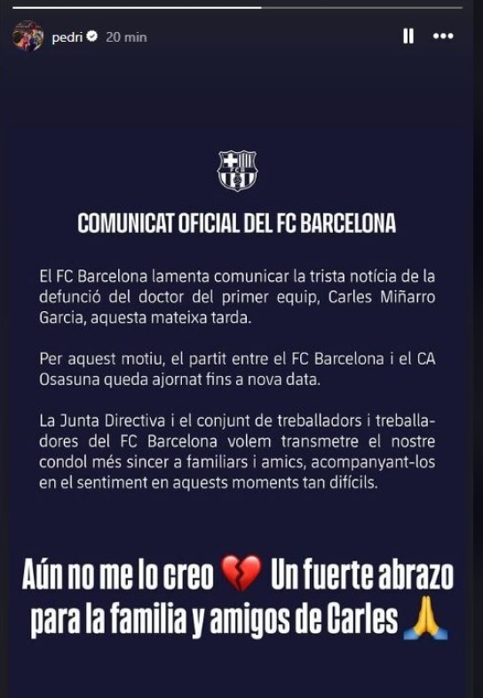 痛心！特爾施特根、佩德里、加維等球員社媒發文哀悼離世隊醫