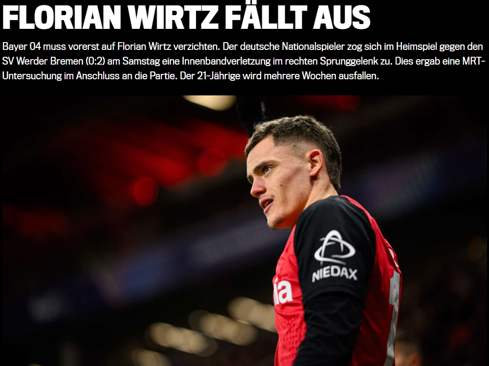無緣次回合戰拜仁！官方：維爾茨右腳踝內側韌帶受傷，將缺陣數周