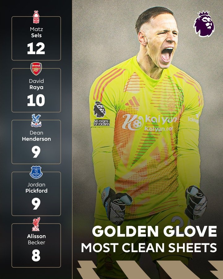 英超官方曬金手套海報:森林門將塞爾斯12零封引領群雄