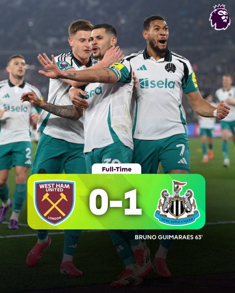 吉馬良斯致勝紐卡客場1-0擊敗西漢姆聯，喜鵲積分已追平曼城