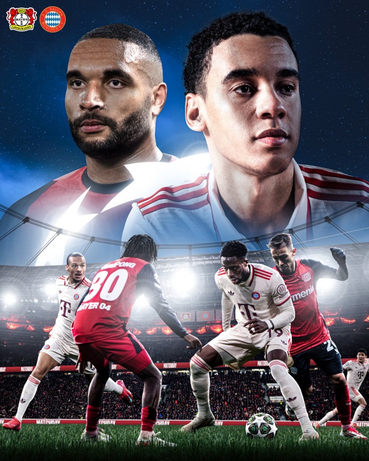 首回合3-0取勝！拜仁發(fā)布戰(zhàn)勒沃庫森海報：穆西亞拉對決若納坦-塔