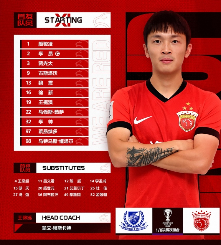 今日首發——亞冠精英聯賽1/8決賽次回合,橫濱水手vs上海海港