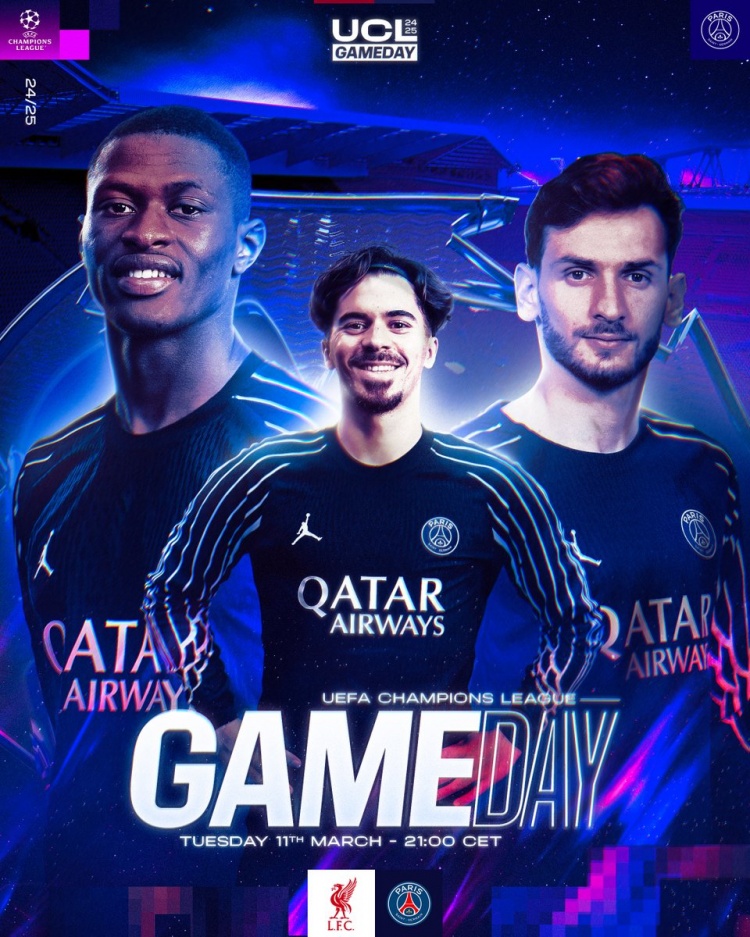 巴黎歐冠客戰利物浦海報:維蒂尼亞、努諾-門德斯、克瓦拉在列