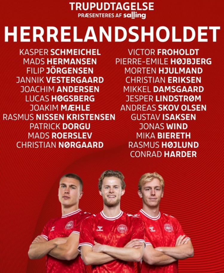 丹麥公布國家隊球員名單,霍伊倫領銜,小舒梅切爾、埃里克森在列