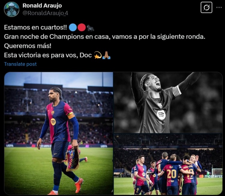 阿勞霍發(fā)文將勝利獻給已故隊醫(yī):很棒的歐冠主場之夜,勝利獻給你