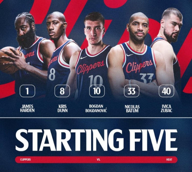 小卡輪休!快船首發(fā):哈登、鄧恩、博格丹、巴圖姆、祖巴茨
