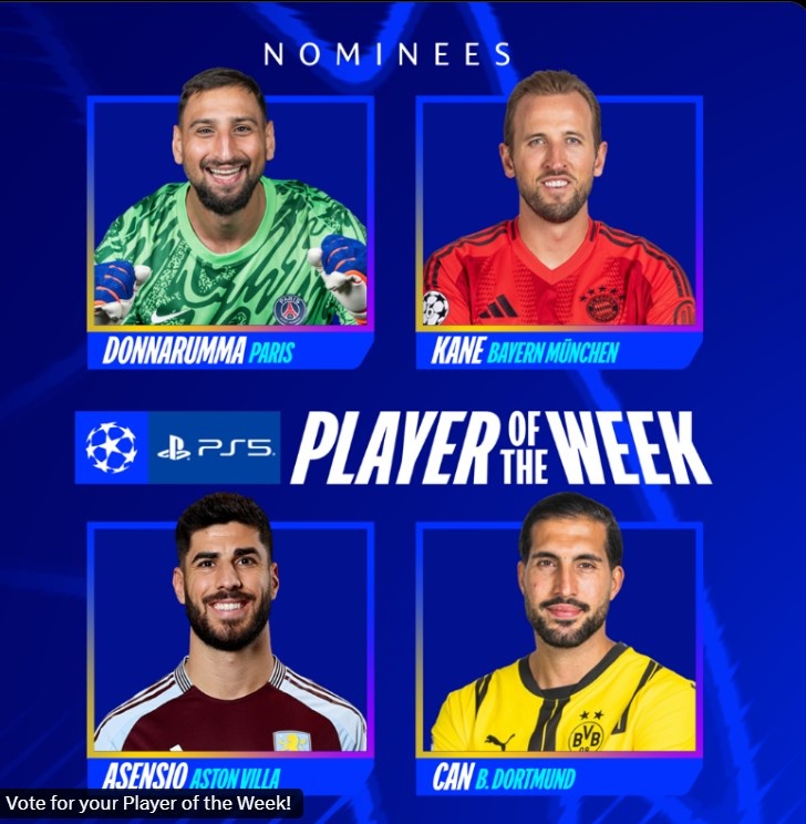 歐冠官方本輪最佳球員候選:凱恩&多納魯馬&阿森西奧&埃姆雷-詹