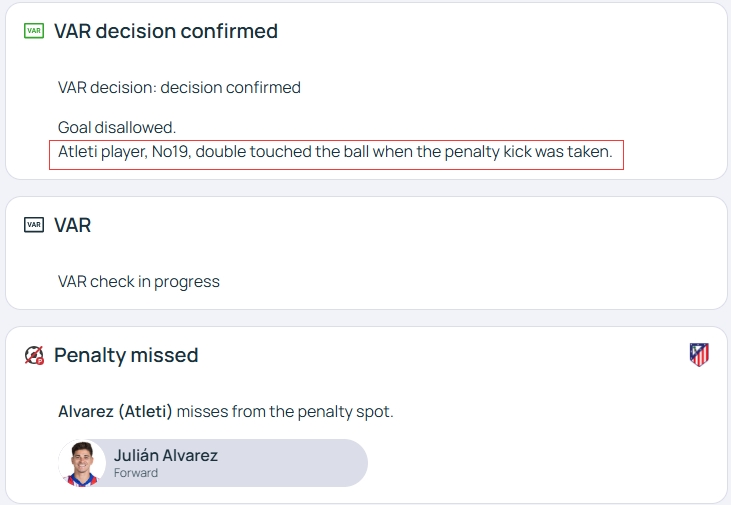 官方明確!歐冠官網:阿爾瓦雷斯罰點時2次觸球,VAR決定進球無效