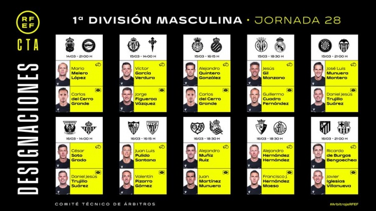 西甲第28輪裁判：曼薩諾執法黃潛vs皇馬 本戈切亞執法馬競巴薩