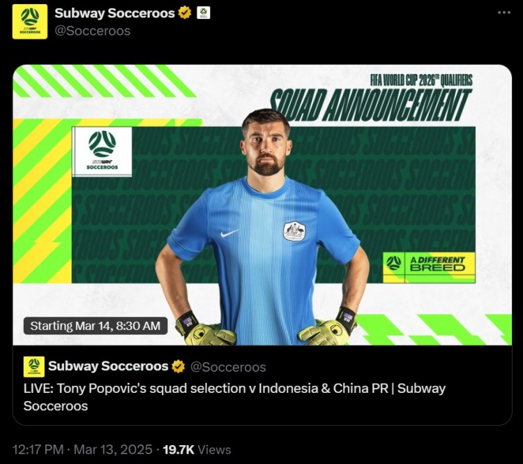 將戰(zhàn)國足！官方：澳大利亞新一期名單明日上午8:30公布