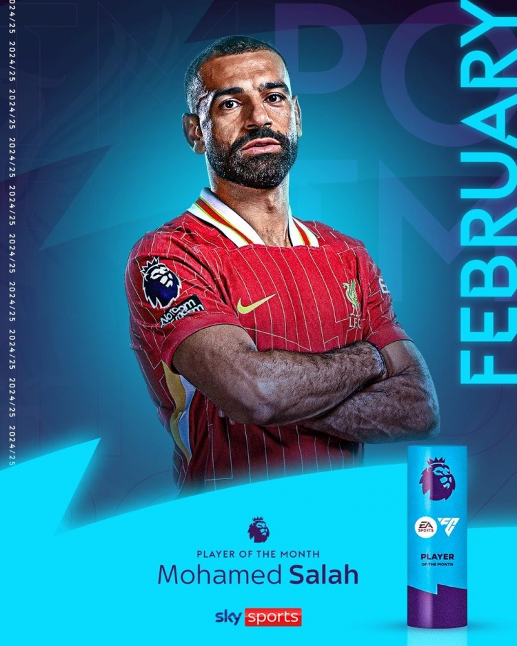 6場6球4助攻!官方:利物浦邊鋒薩拉赫當選英超聯賽2月最佳球員