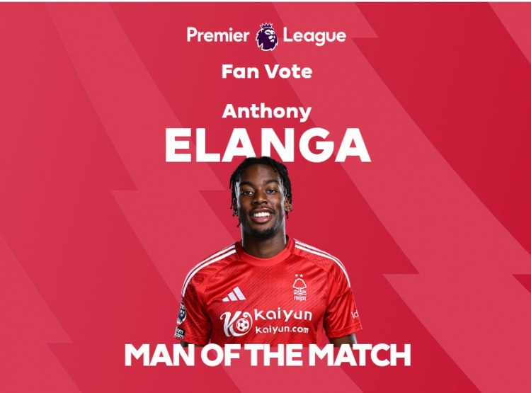 梅開二度!官方:伊蘭加被票選為諾丁漢森林vs伊鎮(zhèn)全場最佳