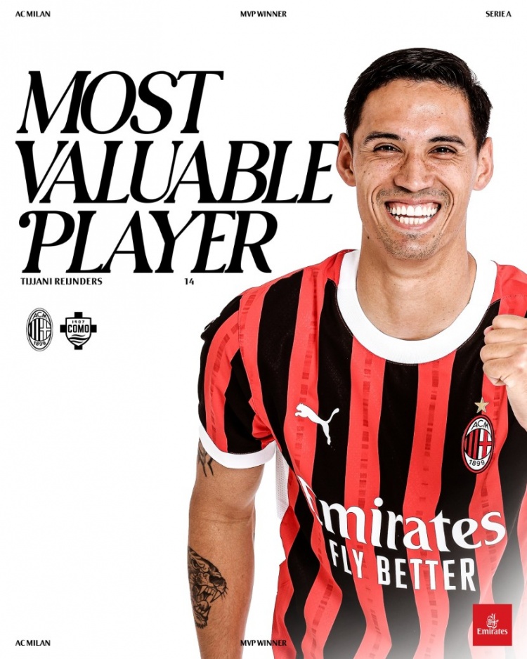 對陣科莫傳射建功,賴因德斯當選本場比賽米蘭隊內最佳球員