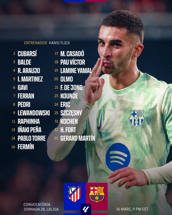 焦點大戰!巴薩客戰馬競名單公布:亞馬爾、萊萬、佩德里領銜