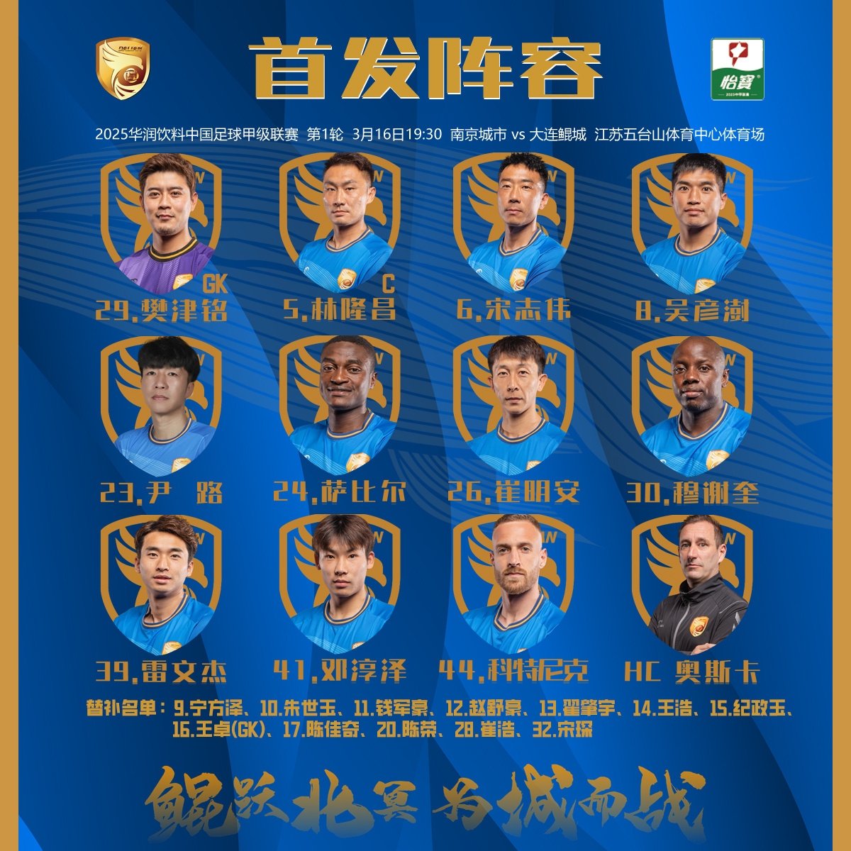2025賽季中甲聯(lián)賽首輪,大連鯤城客場對陣南京城市首發(fā)出爐!