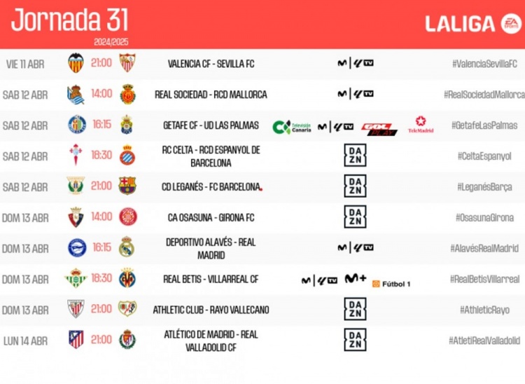 西甲31輪時間:4月13日3點萊加內(nèi)斯vs巴薩,22:15阿拉維斯vs皇馬
