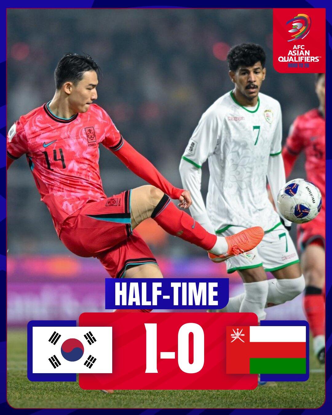 半場-李剛?cè)示钪比S喜燦破門白昇浩傷退 韓國暫1-0阿曼