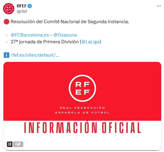 補(bǔ)賽仍在3月27日進(jìn)行!官方:巴薩與奧薩蘇納的上訴被駁回