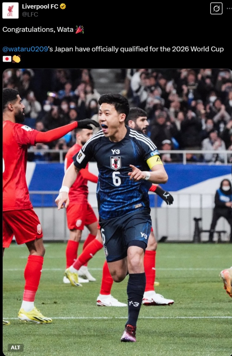 利物浦官推曬遠(yuǎn)藤航照片,祝賀其隨日本隊(duì)提前晉級(jí)世界杯