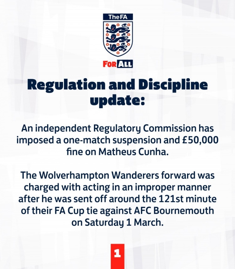 英足總官方:庫尼亞被罰下時行為不當,被追加禁賽一場+罰款5萬鎊