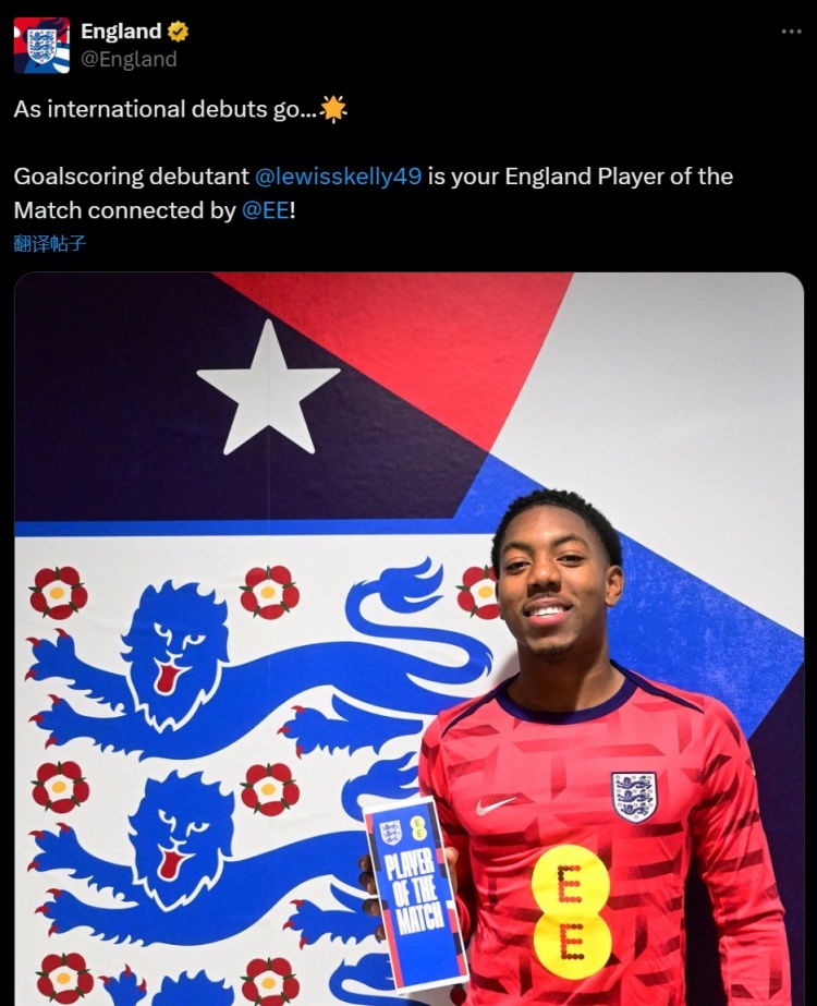 處子秀首開記錄!英格蘭隊官方:斯凱利當選球迷票選全場最佳