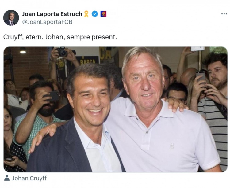 克魯伊夫逝世九周年，拉波爾塔社媒曬合照悼念：永恒不朽