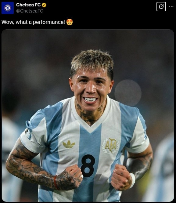 切爾西官推曬恩佐在阿根廷隊(duì)的照片：哇哦，多么出色的表現(xiàn)！
