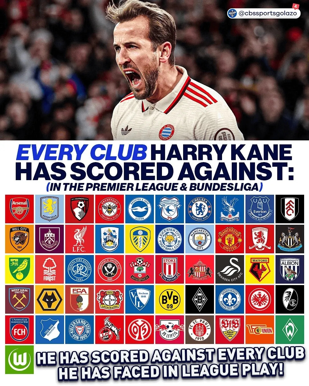 通殺,凱恩德甲、英超對陣51家俱樂部均完成破門