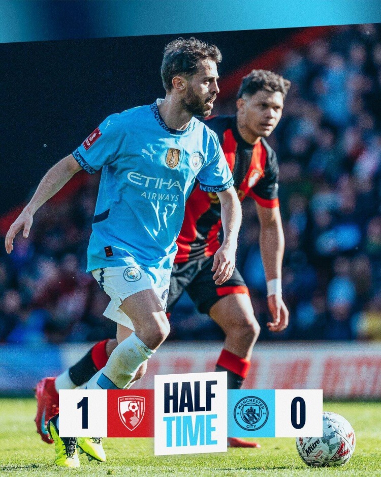 半場-曼城暫0-1伯恩茅斯 哈蘭德失點&失單刀努內斯失誤致丟球