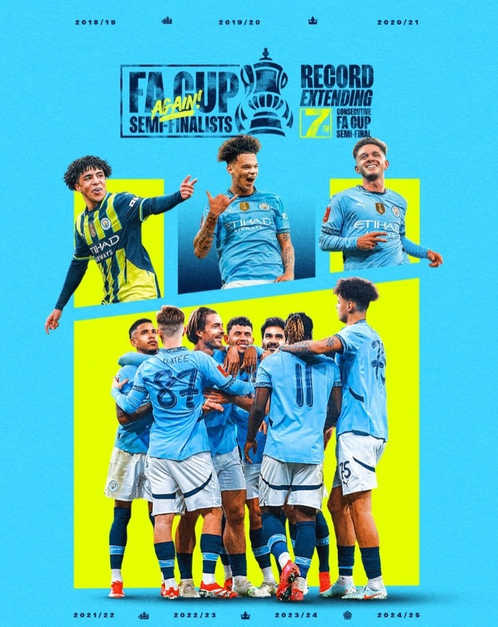 曼城連續(xù)7年晉級(jí)足總杯半決賽，創(chuàng)賽事歷史紀(jì)錄