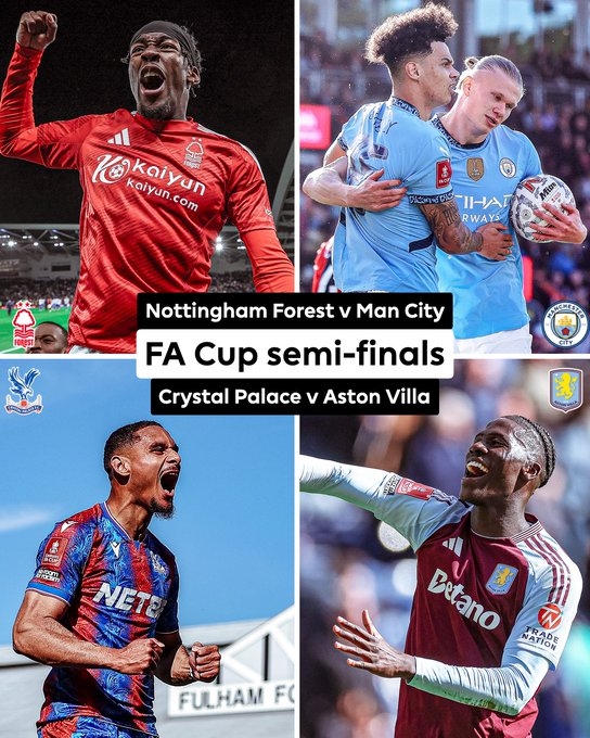 足總杯4強對陣出爐:曼城vs諾丁漢森林,水晶宮vs維拉
