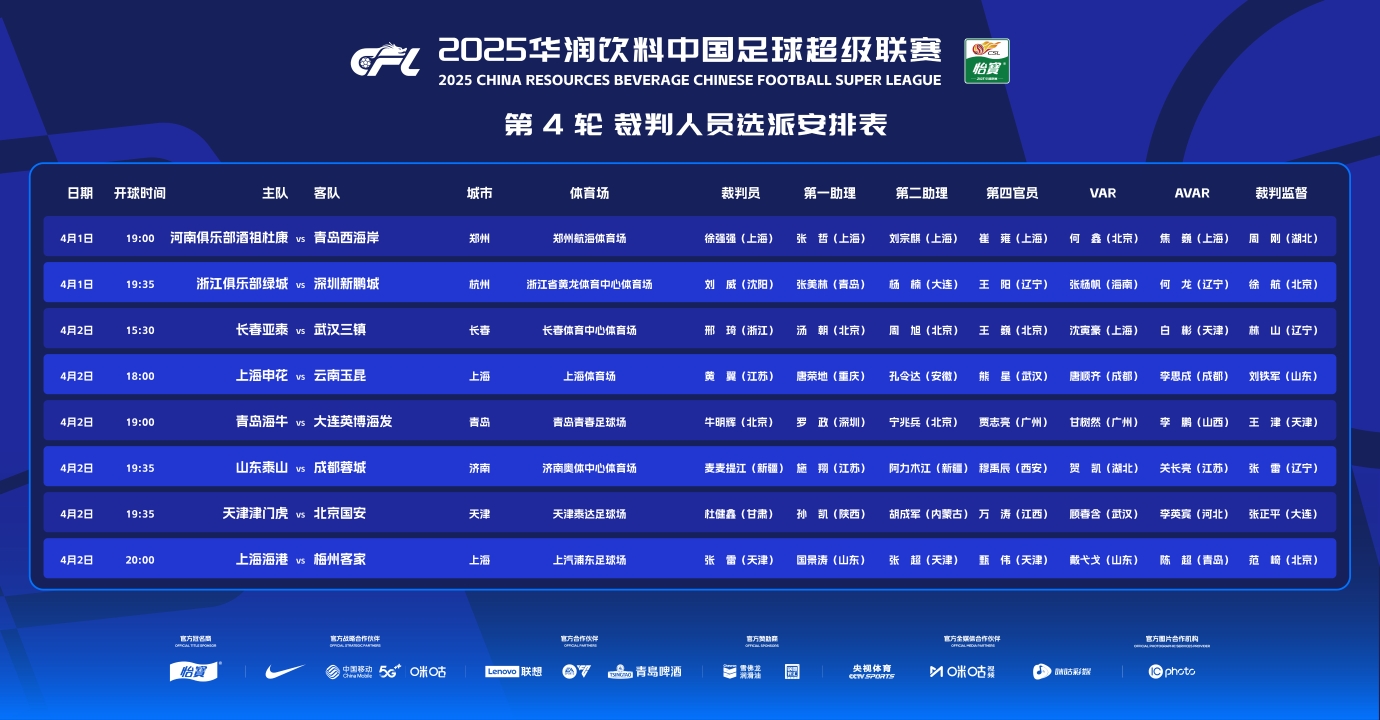 中超第4輪裁判安排：麥麥提江執法泰山vs蓉城，無馬寧信息